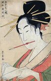Hosoda Eisho was active from 1780 - 1800 as an ukiyo-e painter and print designer. Details of his life are unknown except that, along with Hosoda Eiri, he was a pupil of Hosoda Eishi.<br/><br/>

Hosoda Eisho produced only a few known paintings, but many prints specializing in okubi-e (portrait print or painting showing only the head or the head and upper torso) and bijinga (beautiful women).